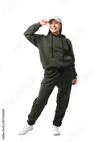 Young woman in khaki sports...