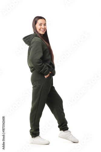 Young woman in khaki sports...