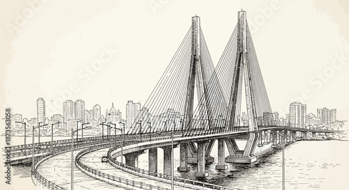 Detailed pencil drawing of a modern cable-stayed bridge with city skyline.