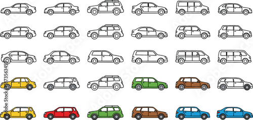 Large collection of car side view icons featuring various vehicle types like sedan suv and van in line art and flat color style