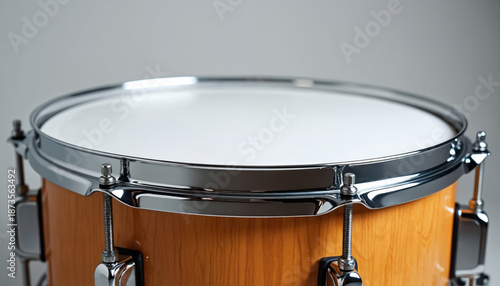 Clean wooden snare drum with shiny chrome parts. Percussion instrument for making music. Essential gear for drummers in studio or live band. Offers great sound quality.