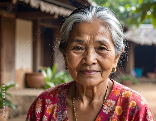 Portrait of a smiling elderly woman with silver hair, wearing a patterned red blouse, standing in front of a rustic building