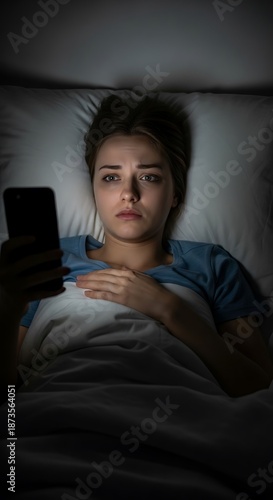 Young woman looks at glowing screen of mobile device while lying in bed during darkness