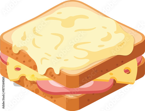 Flat vector art illustration of a gourmet Croque Monsieur sandwich with cheese and ham, a delicious food delight