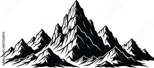 Minimalist black and white line art illustration of a rugged majestic mountain range with high peaks and deep shadows