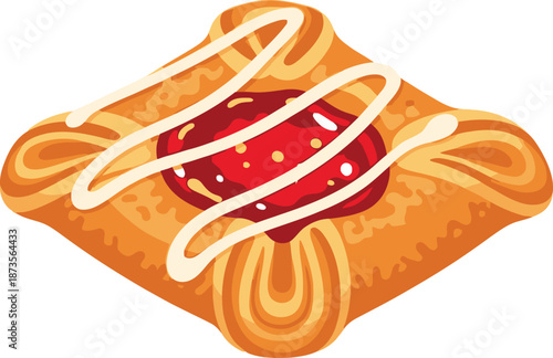 Flat vector art of a sweet donut with red glaze and white frosting swirls on a white background