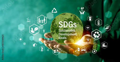 SDGs Sustainable Development Goals Concept with Green Earth in Hands and Eco Icons