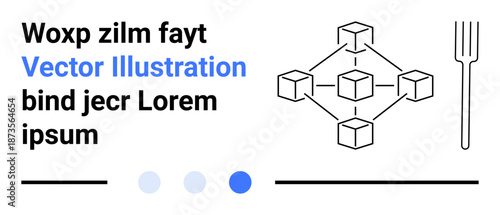 Minimalist design with a box network connecting cubes, text, fork graphic, horizontal lines, circular indicators. Ideal for innovation, technology, decentralization, data sharing networking