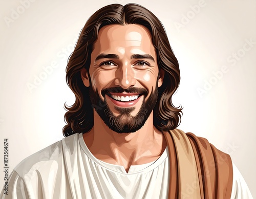 Portrait of a smiling man with long brown hair and a beard, wearing a white tunic and a draped brown cloth