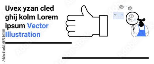 Payment methods, financial services, customer satisfaction, online transactions, customer care, approval icon. Hand giving thumbs up, person inspecting coins with a magnifier. Customer satisfaction