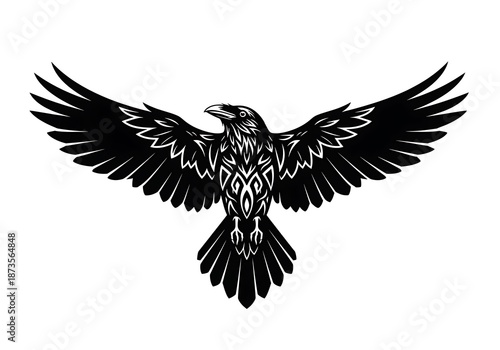 Stylized black bird with outstretched wings features intricate tribal patterns on its body