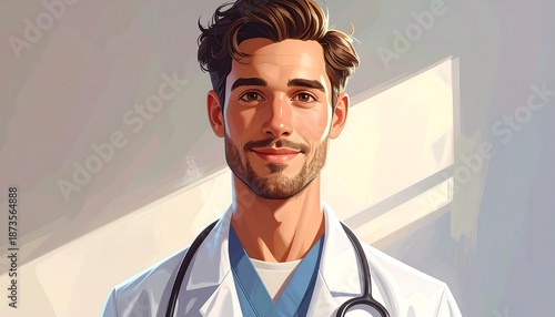 Portrait of a smiling medical professional, stethoscope around neck, in a white coat. Natural lighting, soft hues