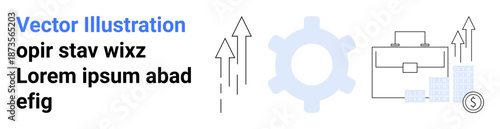 Business growth, productivity, finance, economic strategy, career planning, innovation. Gear, briefcase arrows money symbols. Business growth and productivity with clear visuals