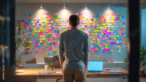 A person stands with their back to the camera, facing a large wall covered in colorful sticky notes arranged in a somewhat scattered pattern