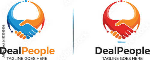 Handshake logo icon set for business deals and partnerships featuring blue orange and red circular community people symbols