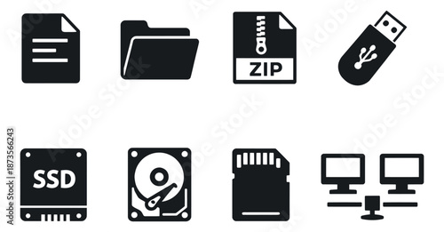 Modern glyph data and storage icon set featuring files, folders, various storage devices, and networking for computing and digital concepts