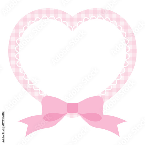 リボンがついたかわいいハートのレースフレームのベクターイラスト。飾り、ギンガムチェック、ピンク