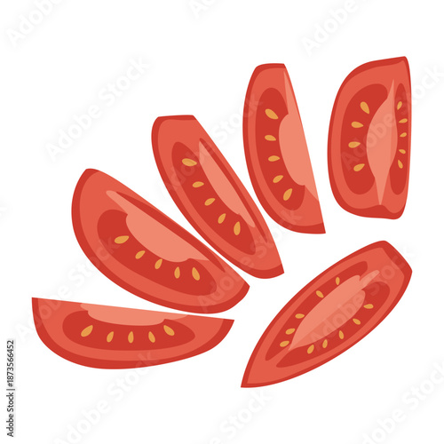 Flat lay illustration of sliced tomatoes with seeds on a white background in a simple graphic style.