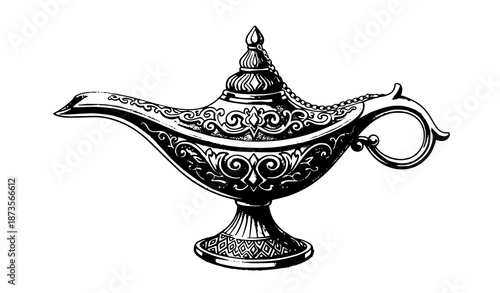 Watercolor illustration of traditional Arabian golden genie lamp isolated on white background