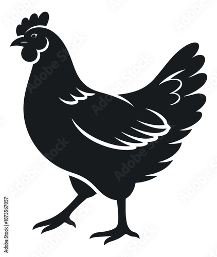 Simple graphic illustration of a chicken depicting its silhouette standing in profile for farm and food concepts