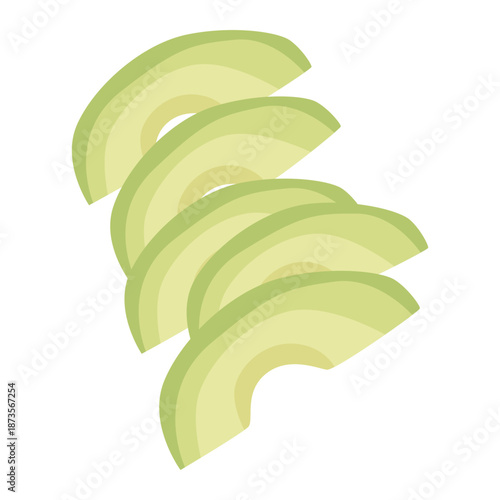 Illustration of four slices of avocado arranged vertically on a white background with green and yellow hues.