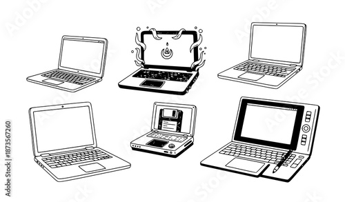 Whimsical hand-drawn laptop illustration set isolated on white background for digital and tech design