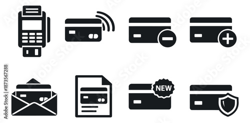 Modern glyph icon set featuring credit cards, payment terminal, and financial transaction symbols for banking and e-commerce