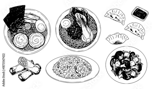 Hand-drawn illustration set of ramen and Chinese food isolated on white background for culinary and restaurant design