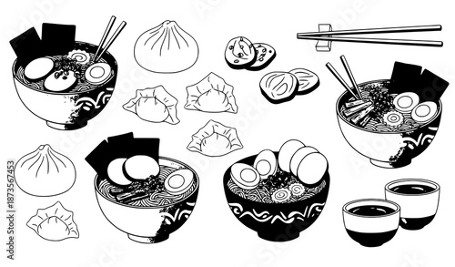 Whimsical hand-drawn illustration set of ramen and Chinese dishes isolated on white background