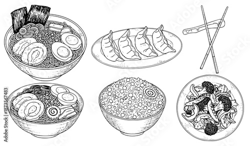 Ink-style hand-drawn illustration set of ramen and Chinese food isolated on white background for culinary design