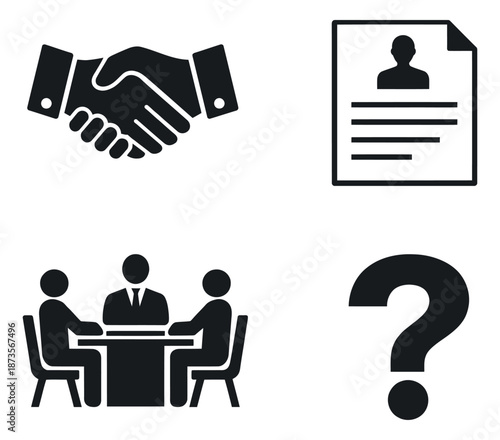 Modern icon business set featuring a handshake, resume, meeting, and question mark for recruitment processes