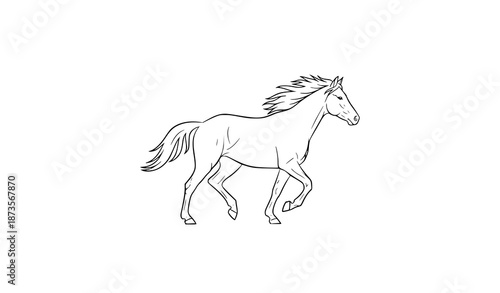 Elegant line art horse vector icon illustration trotting on white background for logo design