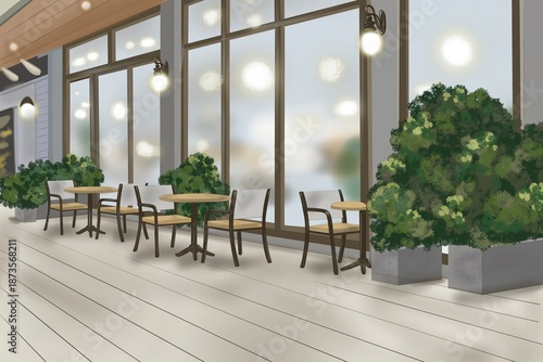 カフェ前のテラスと街並みの背景イラスト