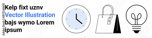 Time management, shopping habits, ideas, innovation, productivity, retail concept. Clock, paper bag with tag light bulb in minimalist design. Time management and shopping ideas