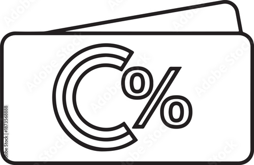 A clean vector outline of two overlapping cards featuring a large "C" and a percentage symbol, illustrating a coupon, discount card, cashback offer, or loyalty program.