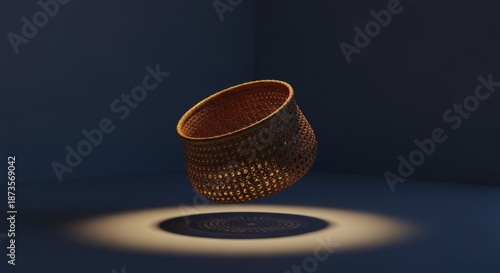 Intricately woven container floats above a spotlighted surface in a dark room