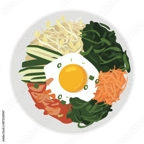 A vibrant illustration of a traditional Korean bibimbap dish with various vegetables and a fried egg on a white plate against a clean white background.