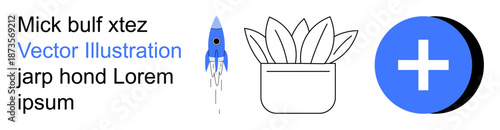 STEM education, space exploration, healthcare , graphic design, minimalism, digital media. Blue rocket, potted plant and a plus symbol on white background. Space exploration and healthcare concepts