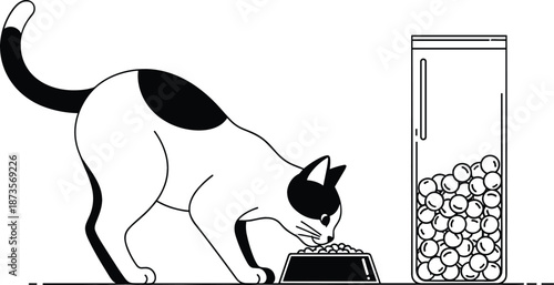 Minimalist black line art illustration of a domestic cat eating kibble from a bowl next to a food container