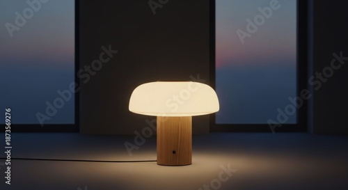 Illuminated mushroom style table lamp rests on a surface against a dark twilight window view