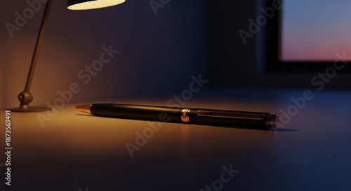 Elegant writing instrument rests on a surface illuminated by a close desk lamp