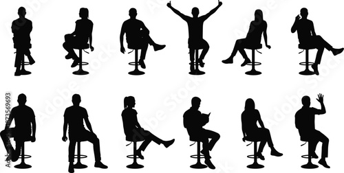Set of black silhouettes featuring people sitting on bar stools in various casual poses isolated on a white background for design