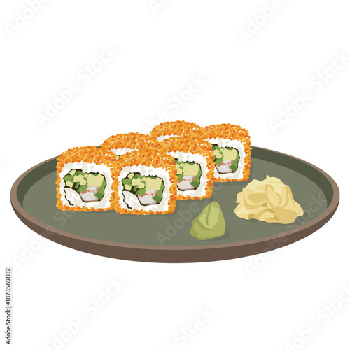 Illustration of sushi rolls with orange topping and filling on a plate with wasabi and ginger against a white background.