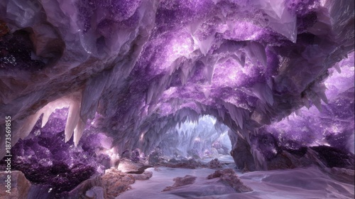 Illuminated Underground Amethyst Crystal Cave Formation