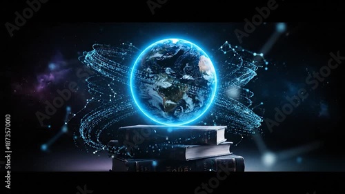 Wallpaper Mural Glowing Earth Rises from Books, Surrounded by Digital Swirl. Torontodigital.ca