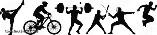 Set of black sports silhouettes including karate cycling weightlifting baseball fencing and jumping isolated on white background for athletic design projects
