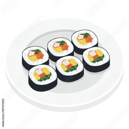Graphic illustration of six sushi rolls on a white plate against a plain white background with a simple and appetizing presentation.
