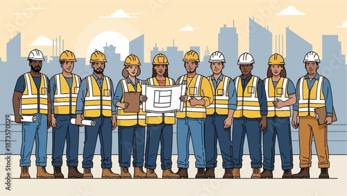 A diverse team of construction workers wearing hard hats and safety vests standing in front of a city skyline.