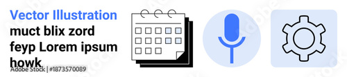 Calendar for scheduling, microphone for audio or voice interface, and gear for settings or configuration. Ideal for productivity, communication, workflow, technology, planning, tools simple landing