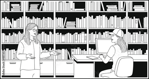 Minimalist black line art illustration of a librarian talking to a student sitting at a computer in a library